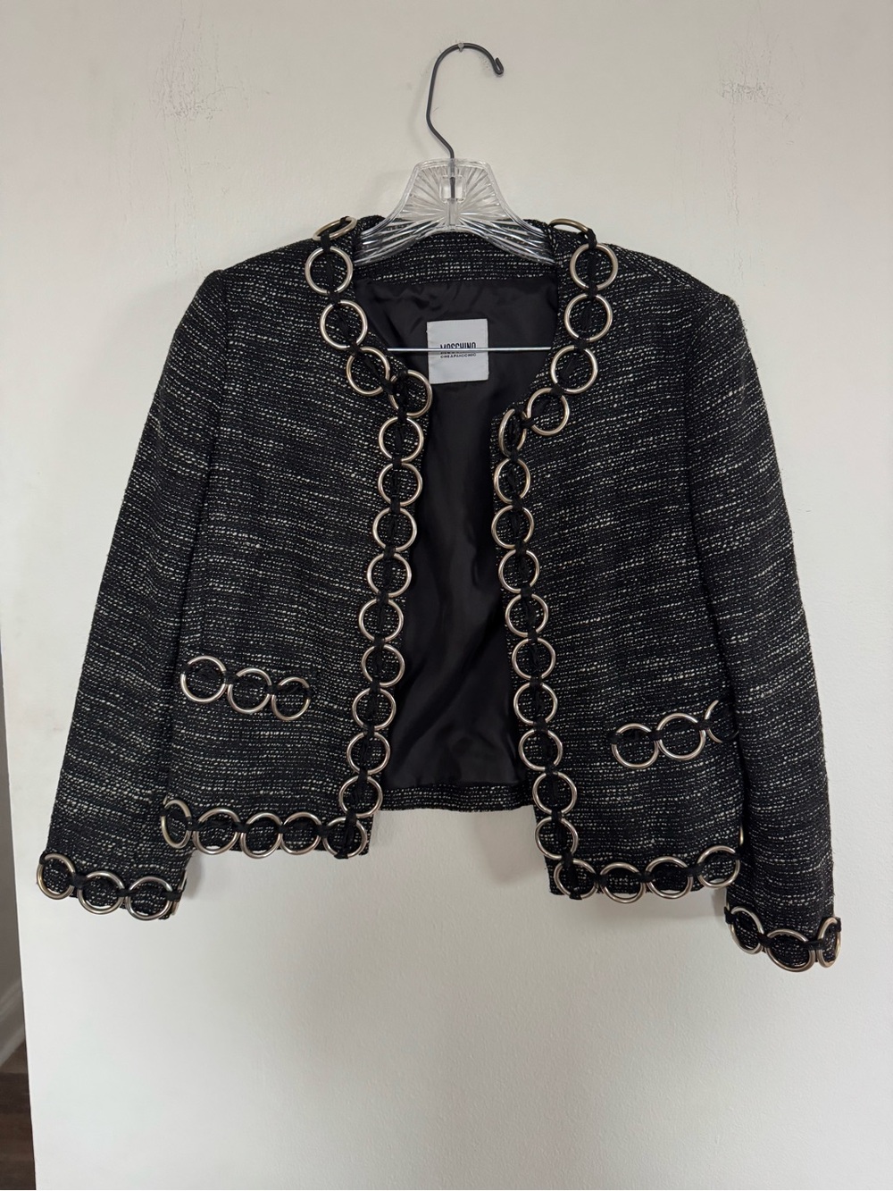 Moschino Vintage Black Tweed Jacket Silver O-Ring Trim Blazer